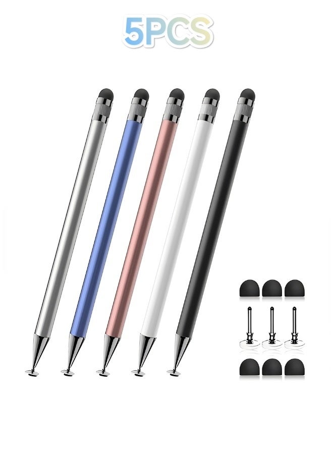 Stylus 5 PCS 2-in-1 Stylus Pen for Touch Screen High Precision and Sensitivity Suitable for iPhone/ipad/Android Tablets Compatible with All Touch Screens (Black/White/Blue/Rose Gold/Silver) - Image 1
