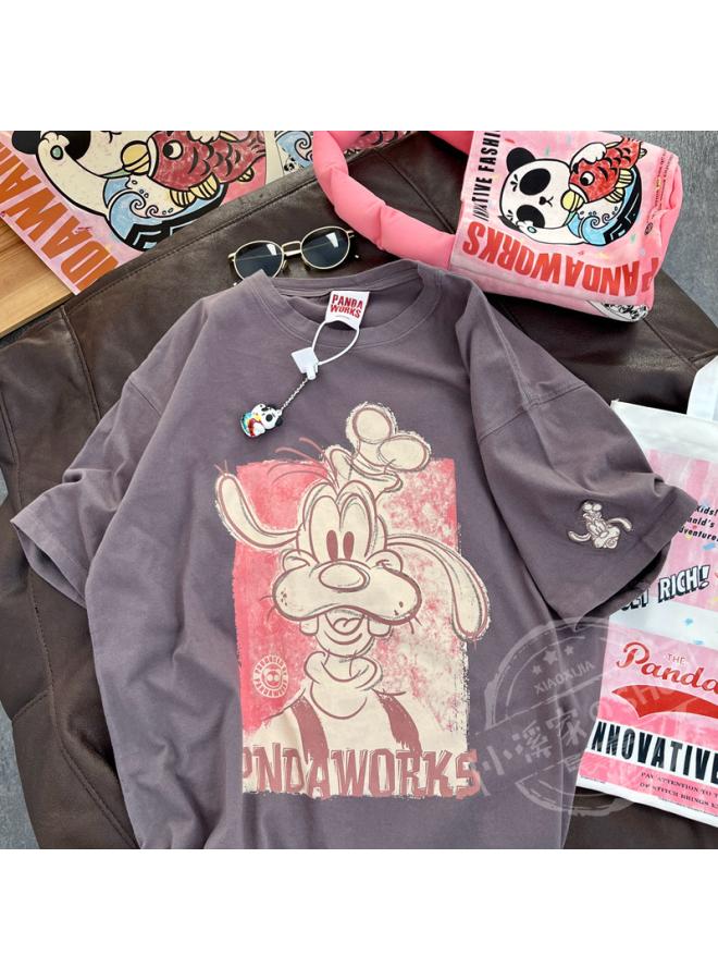 Women's Cotton Cartoon Short-sleeved T-shirt Summer New Loose All-match Half-sleeved White Round Neck Top