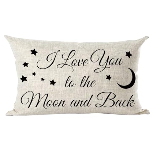 Ramirar Black Word Quote I Love You to The Moon and Back Stars Inspirational Decorative Lumbar Throw Pillow Cover Case Home Living Room Bed Sofa Car Cotton Linen Rectangular 12 x 20 Inches - Image 1