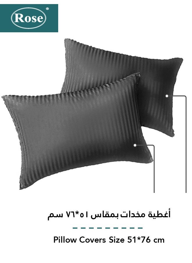 Rose - Rose Luxurious Hotel Stripe Fitted Sheet with Deep Pockets and Pillow Cases, Bed Sheet 3-Pieces Set, Soft & Silky Microfiber Breathable and Cooling, King Size 200x200+35 cm, Black - Image 1