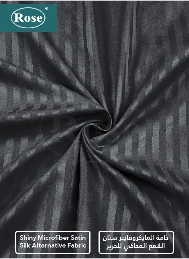 Rose - Rose Luxurious Hotel Stripe Fitted Sheet with Deep Pockets and Pillow Cases, Bed Sheet 3-Pieces Set, Soft & Silky Microfiber Breathable and Cooling, King Size 200x200+35 cm, Black - Image 1