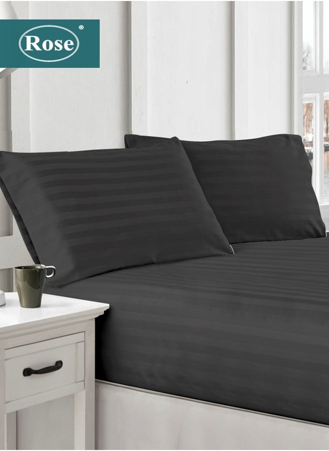 Rose - Rose Luxurious Hotel Stripe Fitted Sheet with Deep Pockets and Pillow Cases, Bed Sheet 3-Pieces Set, Soft & Silky Microfiber Breathable and Cooling, King Size 200x200+35 cm, Black - Image 1