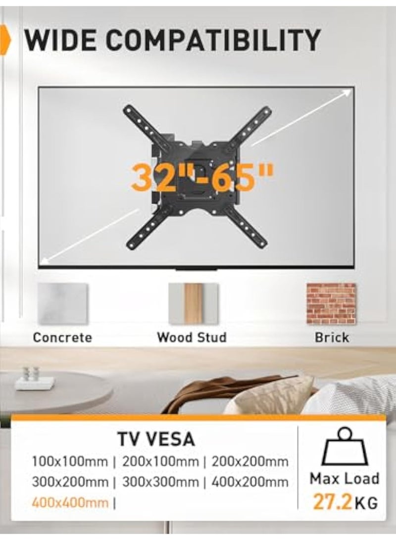 ACPLAY Full Motion TV Wall Mount for 32–65 Inch TVs, Tilt & Swivel Articulating Dual-Arm Bracket, Heavy-Duty TV Mount Fits VESA Up to 400×400mm, Supports Up to 27kg/60lbs - Image 2