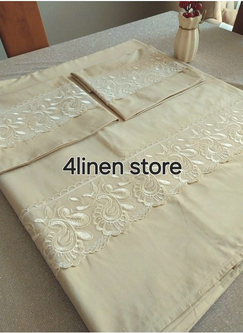 Mahalla cotton bed set without synthetic fibers, 3 pieces, beige with splint