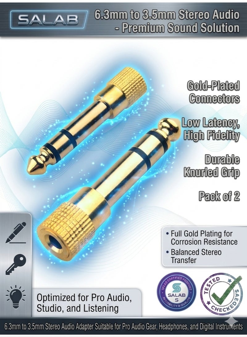 Salab 6.3mm to 3.5mm (1/4 to 1/8) Stereo Audio Jack Adapter (Pack of 2) | Converts Audio from Your Amplifiers, Console, Guitar, Piano, Drums, Speakers & Mic That use 6.35mm Port to Your 3.5mm Port Devices - Image 1