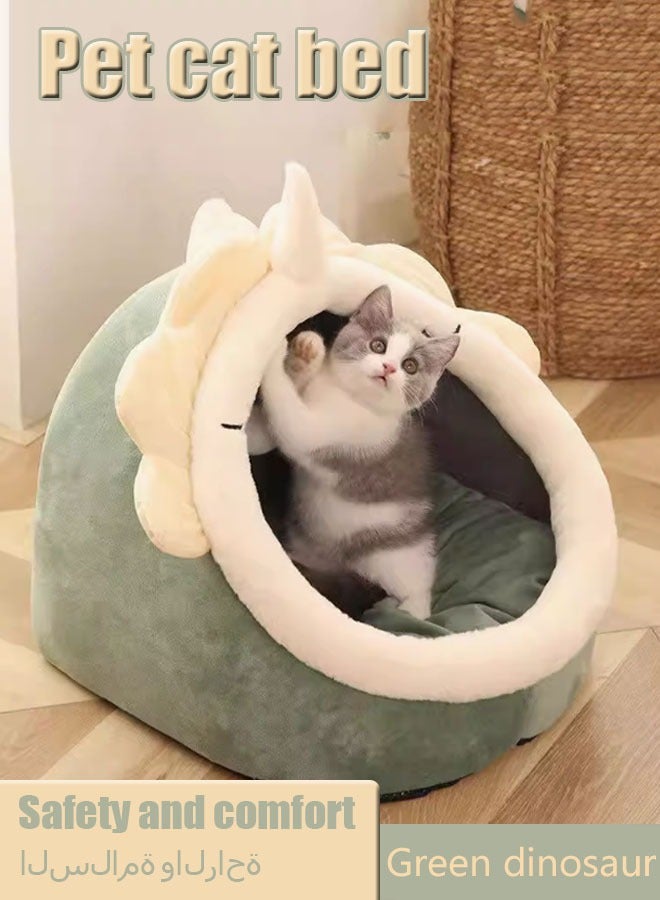 Generic Cartoon pet bed semi-enclosed cat bed washable and removable with toy ball warm and soft cat house pet house (green dinosaur ）  - Image 1