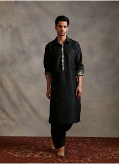 Abhishti Banarasi collared kurta with zari placket-metallic black  - Image 1