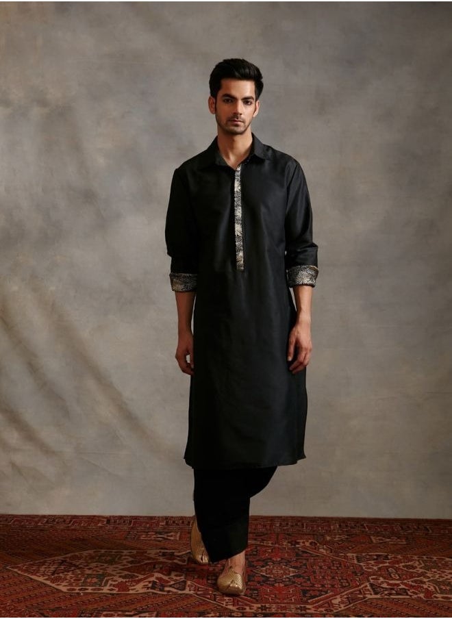 Abhishti Banarasi collared kurta with zari placket-metallic black  - Image 1