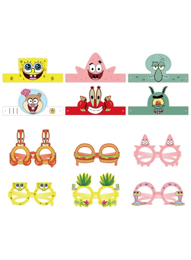 ILovhaprty SpongeBob Party Favors Paper Glasses and Headbands Set, 12 Pcs SpongeBob Paper Party Costume Accessories Patrick Star Headbands for Kids Birthday Party Photo Booth Props Classroom Events - Image 1