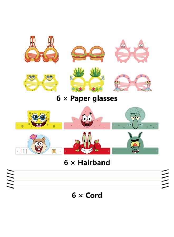 ILovhaprty SpongeBob Party Favors Paper Glasses and Headbands Set, 12 Pcs SpongeBob Paper Party Costume Accessories Patrick Star Headbands for Kids Birthday Party Photo Booth Props Classroom Events - Image 2