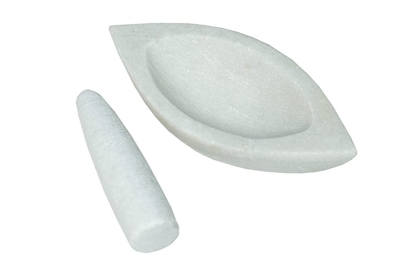 STLYZ White Marble Imam Dasta Boat Mortar and Pestle Set Ohkli Musal Kharal Or Khalbatta or Mixer and Grinder Set for Kitchen Boat Mortar 7 Inch - Image 2