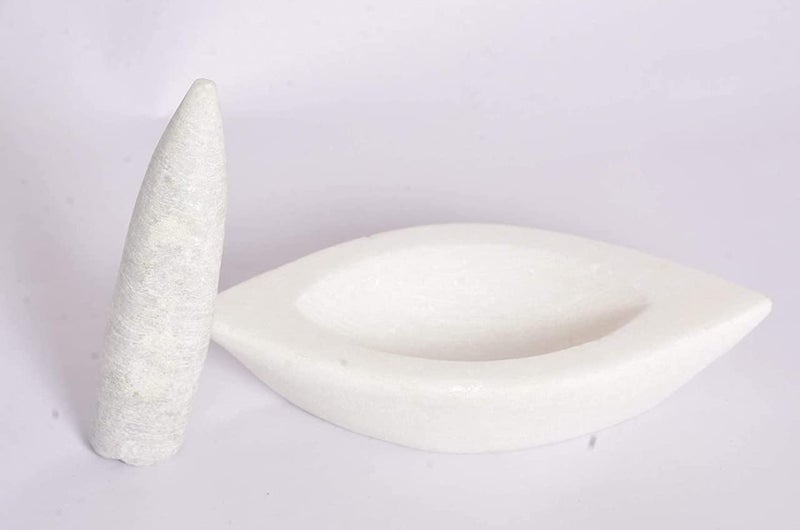 STLYZ White Marble Imam Dasta Boat Mortar and Pestle Set Ohkli Musal Kharal Or Khalbatta or Mixer and Grinder Set for Kitchen Boat Mortar 7 Inch - Image 4