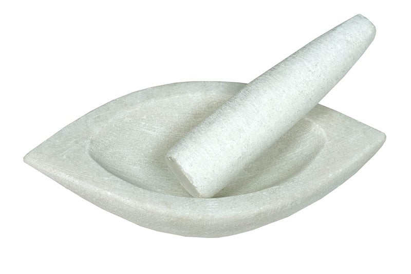 STLYZ White Marble Imam Dasta Boat Mortar and Pestle Set Ohkli Musal Kharal Or Khalbatta or Mixer and Grinder Set for Kitchen Boat Mortar 7 Inch - Image 3