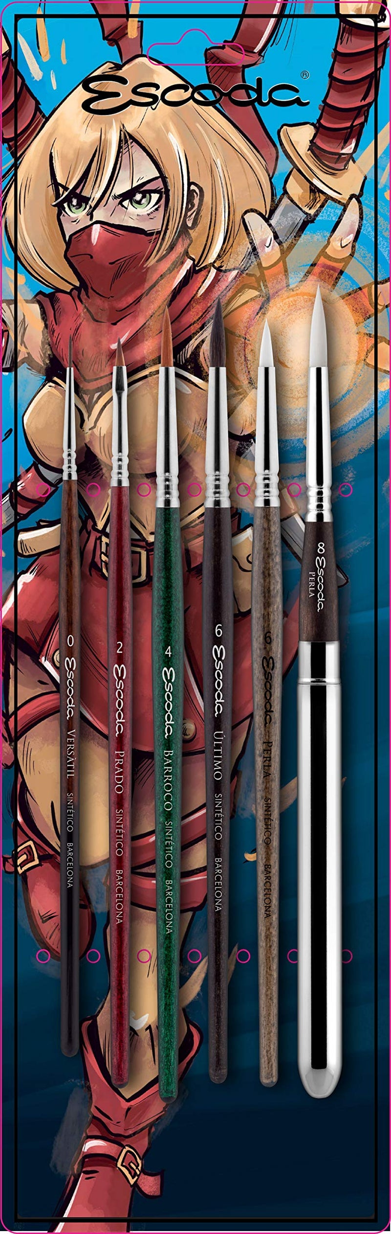 Escoda | Illustration and Comics Set with 6 Brushes | Size 0,2,4,6,6,8 | Synthetic | Kolinsky Synthetic + Tame + White Toray + Gold Toray + Tendo | Round Pointed + Bright + Round Pointed Short Length - Image 1