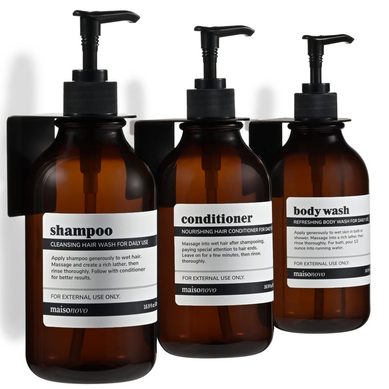 MAISONOVO MaisoNovo Shampoo and Conditioner Dispenser  Shower Soap Dispenser Wall Mounted  169 fl oz Set of 3 Amber Plastic Bottles Black Pump  3 Chamber No Drill 