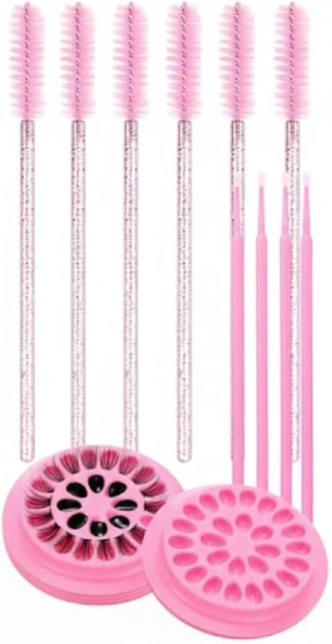 5Pieces False Eyelashes Glue Holders Pink Flower Shape Glue Pallet Pad with 3PCS Mascara Wands Disposable Eyelash Eyebrow- 10 PCS Micro Applicator Brushes Make Up Mascara