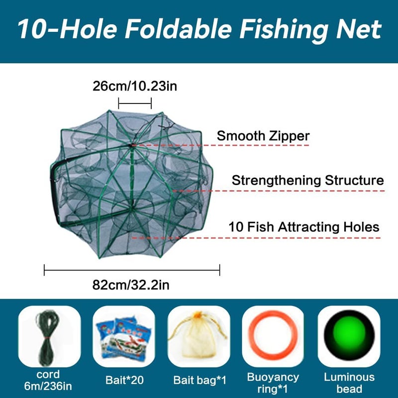 SUSOO Foldable Fishing Net with 10 Holes - 360° Collapsible Bait Trap for Crayfish, Shrimp, Crab, Lobster, and Minnow - Image 2