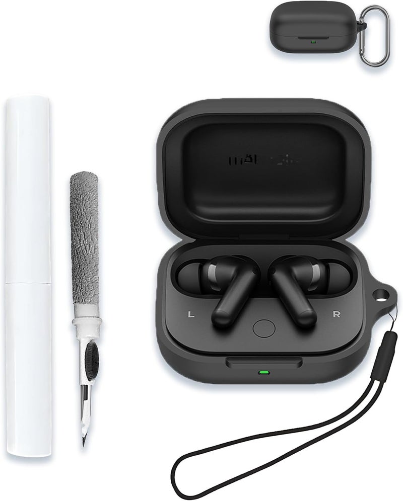 WUNIAK Case for Moto Buds Plus+, Soft Silicone Protective Portable Scratch Shock Resistant Compatible with Hard Shell with Cleaner Kit & Carabiner & Lanyard，Black - Image 1