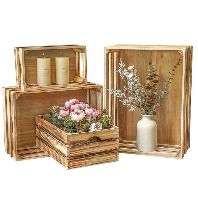 JUMBO HUMBLE Large Torched Wood Storage Crates Decorative Set of 4 Nesting Wooden Crates for Display Rustic Farmhouse Wooden Storage Container Boxes Made from 100 Wood