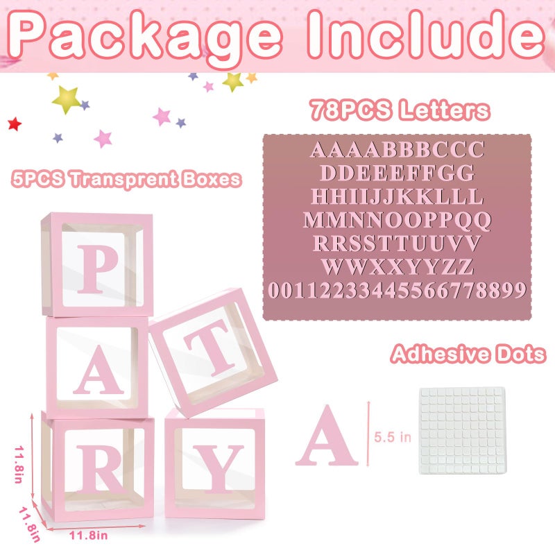 Lovelite Pink Transparent Balloon Boxes with Letters, 5 Clear Baby Boxes with 78 Letters & Numbers for Bridal Shower Valentine's Day Gender Reveal Birthday Wedding Party Backdrop Decor - Image 2