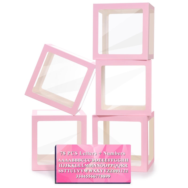 Lovelite Pink Transparent Balloon Boxes with Letters, 5 Clear Baby Boxes with 78 Letters & Numbers for Bridal Shower Valentine's Day Gender Reveal Birthday Wedding Party Backdrop Decor - Image 1