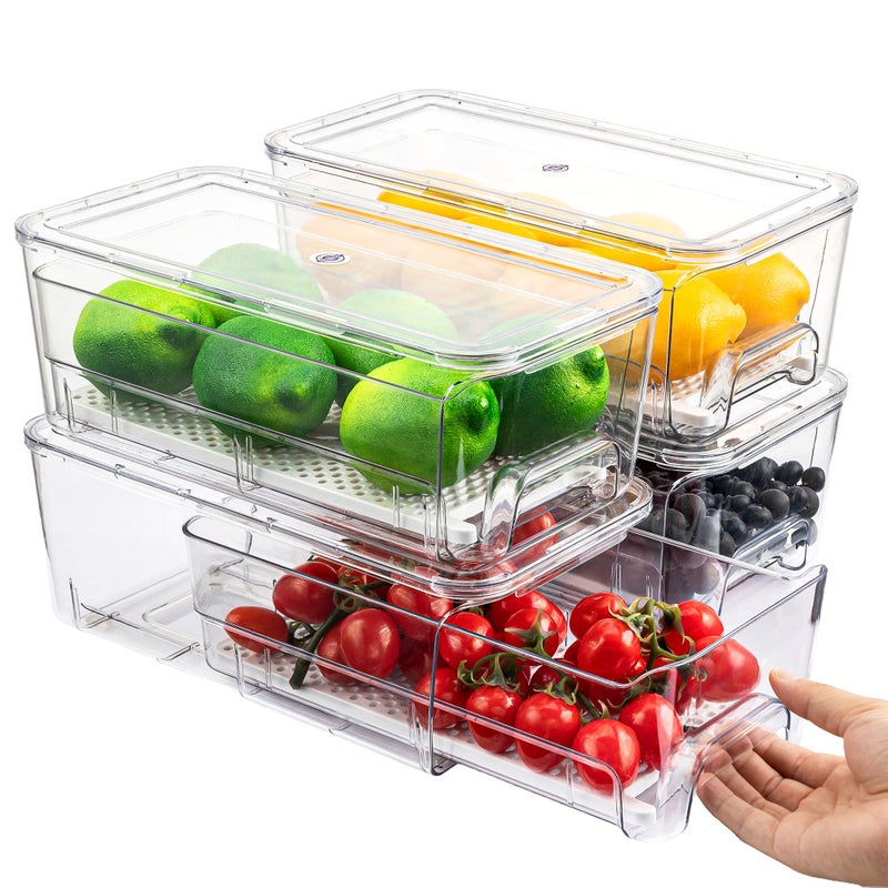 Imncya 4 Pack Fridge Organizer Drawers Bins Clear Stackable Pull Out Refrigerator Drawer Organizer Fridge Storage Container with Lids for Fruits Vegetables Drinks and Food - Image 2