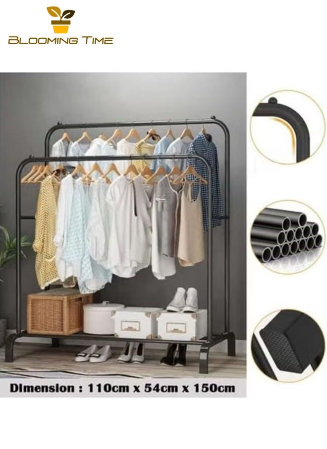 BLOOMING TIME - Double-Layer Floor-To-Ceiling Drying Rack With One-Layer Storage Rack, Adjustable And Retractable, Anti-Rust, Environmentally Friendly, Large-Capacity, Black - Image 1