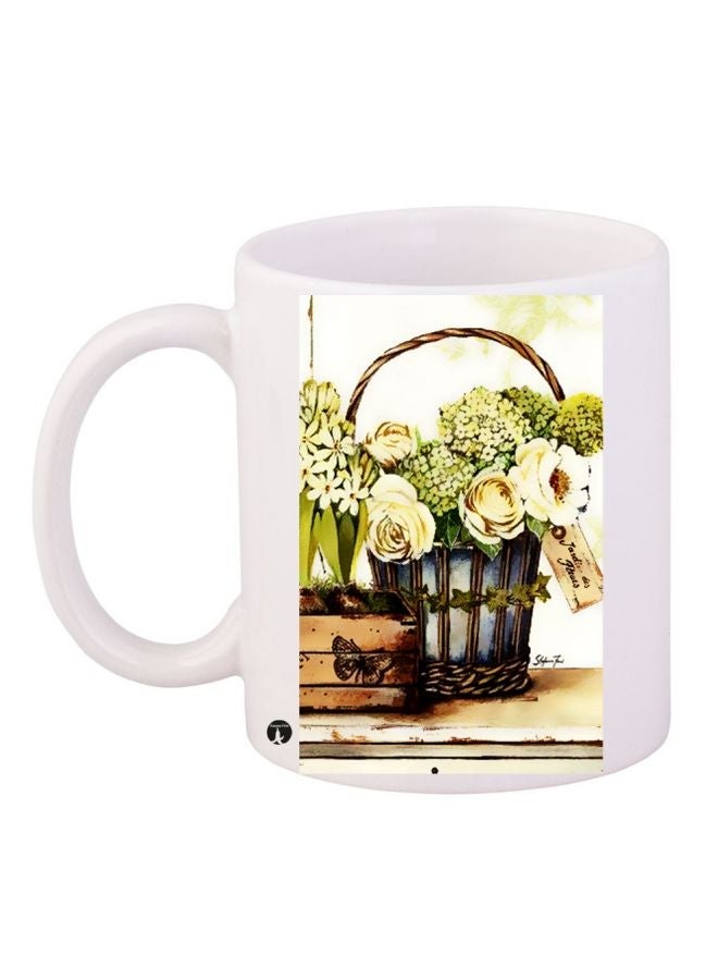 RYN Flower Basket Printed Coffee Mug White/Green/Brown 11ounce