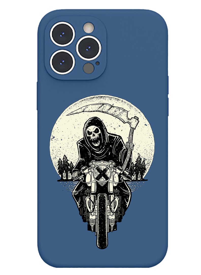 Theodor Protective Slim Fit Case Liquid Silicone Cover with Full Body Protection Anti-Scratch Shockproof Case For iPhone 13 Pro Max Blue  - Skull Rider orange  - Image 1