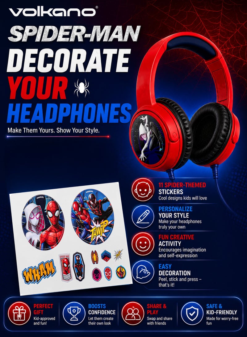 Volkano SMD Disney Marvel Spider-Man Auxiliary Headphones with Stickers for Kids, Wired 3.5mm AUX Headphones, 85dB Kid-Safe Volume, Soft Padded Earcups, Adjustable Headband, 1.2m Cable, 40mm Drivers, 11 Fun Stickers, Red/Black - Image 4