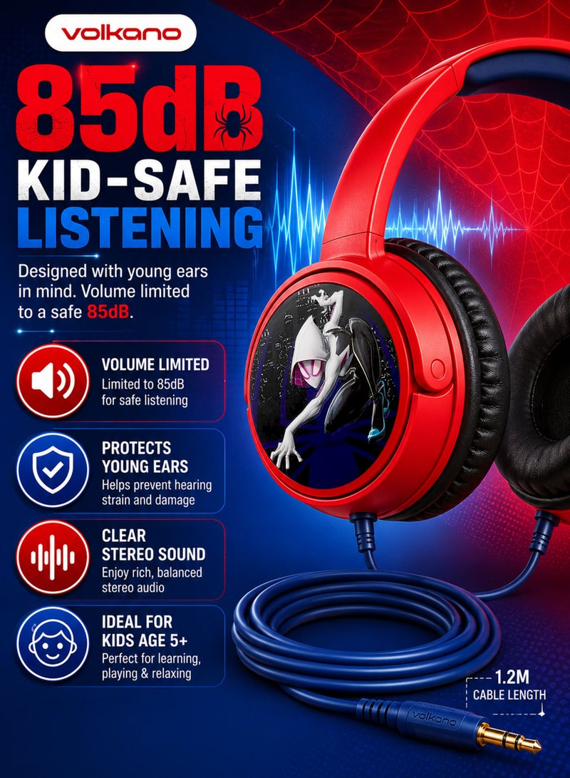 Volkano SMD Disney Marvel Spider-Man Auxiliary Headphones with Stickers for Kids, Wired 3.5mm AUX Headphones, 85dB Kid-Safe Volume, Soft Padded Earcups, Adjustable Headband, 1.2m Cable, 40mm Drivers, 11 Fun Stickers, Red/Black - Image 2