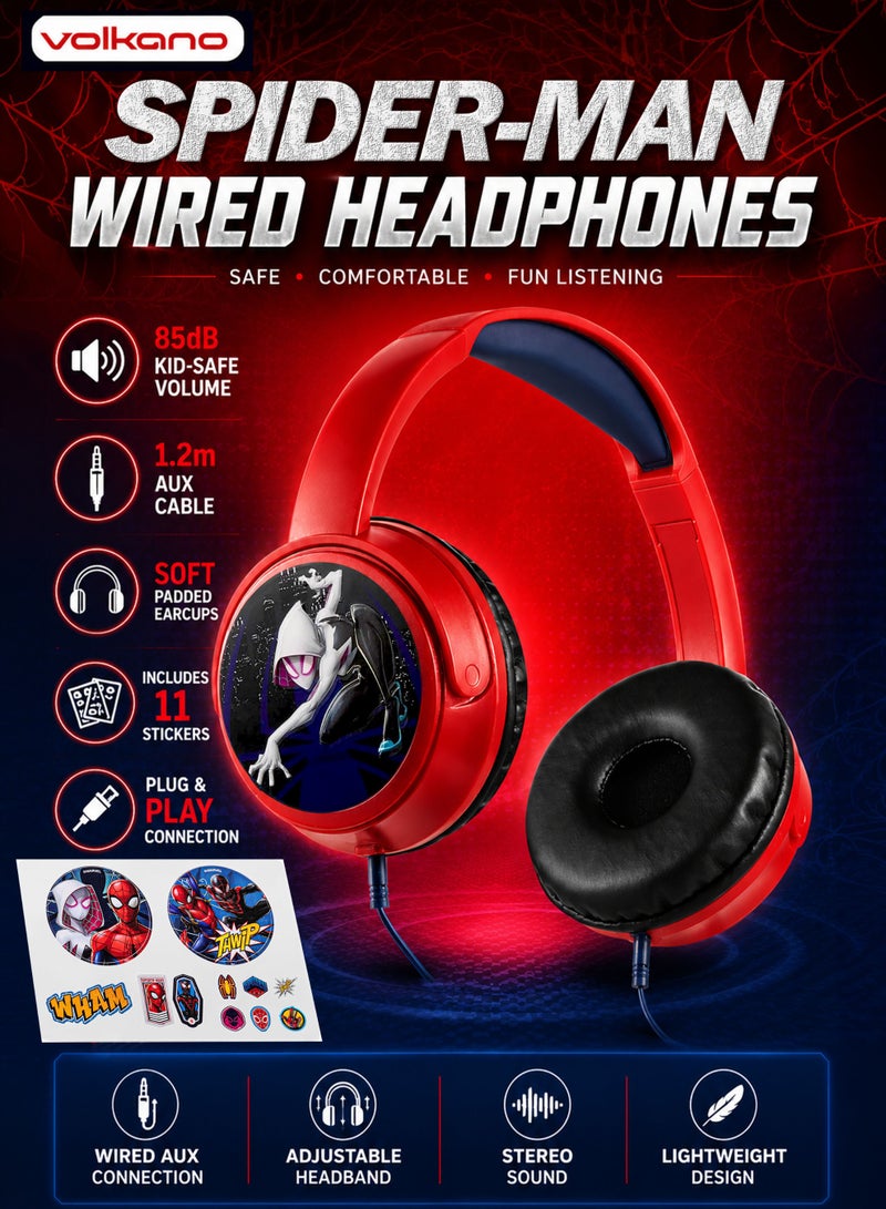 Volkano SMD Disney Marvel Spider-Man Auxiliary Headphones with Stickers for Kids, Wired 3.5mm AUX Headphones, 85dB Kid-Safe Volume, Soft Padded Earcups, Adjustable Headband, 1.2m Cable, 40mm Drivers, 11 Fun Stickers, Red/Black - Image 1