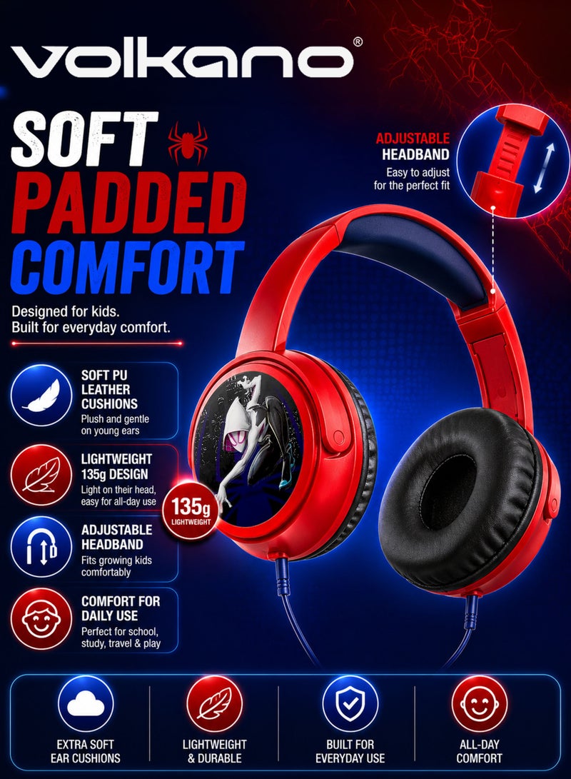 Volkano SMD Disney Marvel Spider-Man Auxiliary Headphones with Stickers for Kids, Wired 3.5mm AUX Headphones, 85dB Kid-Safe Volume, Soft Padded Earcups, Adjustable Headband, 1.2m Cable, 40mm Drivers, 11 Fun Stickers, Red/Black - Image 5