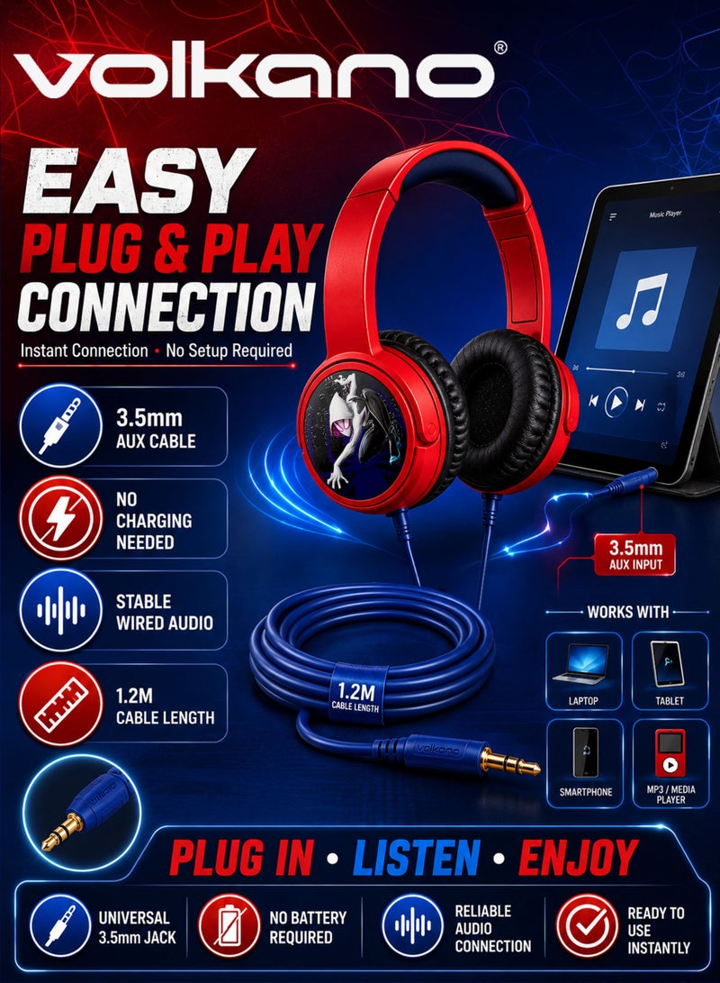 Volkano SMD Disney Marvel Spider-Man Auxiliary Headphones with Stickers for Kids, Wired 3.5mm AUX Headphones, 85dB Kid-Safe Volume, Soft Padded Earcups, Adjustable Headband, 1.2m Cable, 40mm Drivers, 11 Fun Stickers, Red/Black - Image 3