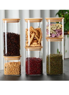 TYCOM Glass Jars Set 750ML,1150ML & 1500ML, Food Storage Containers for Kitchen, Spice jars With Labels, Marker and spoons, Square 10cm Mixed Size 6 Pieces With Wood Lid.  - Image 1