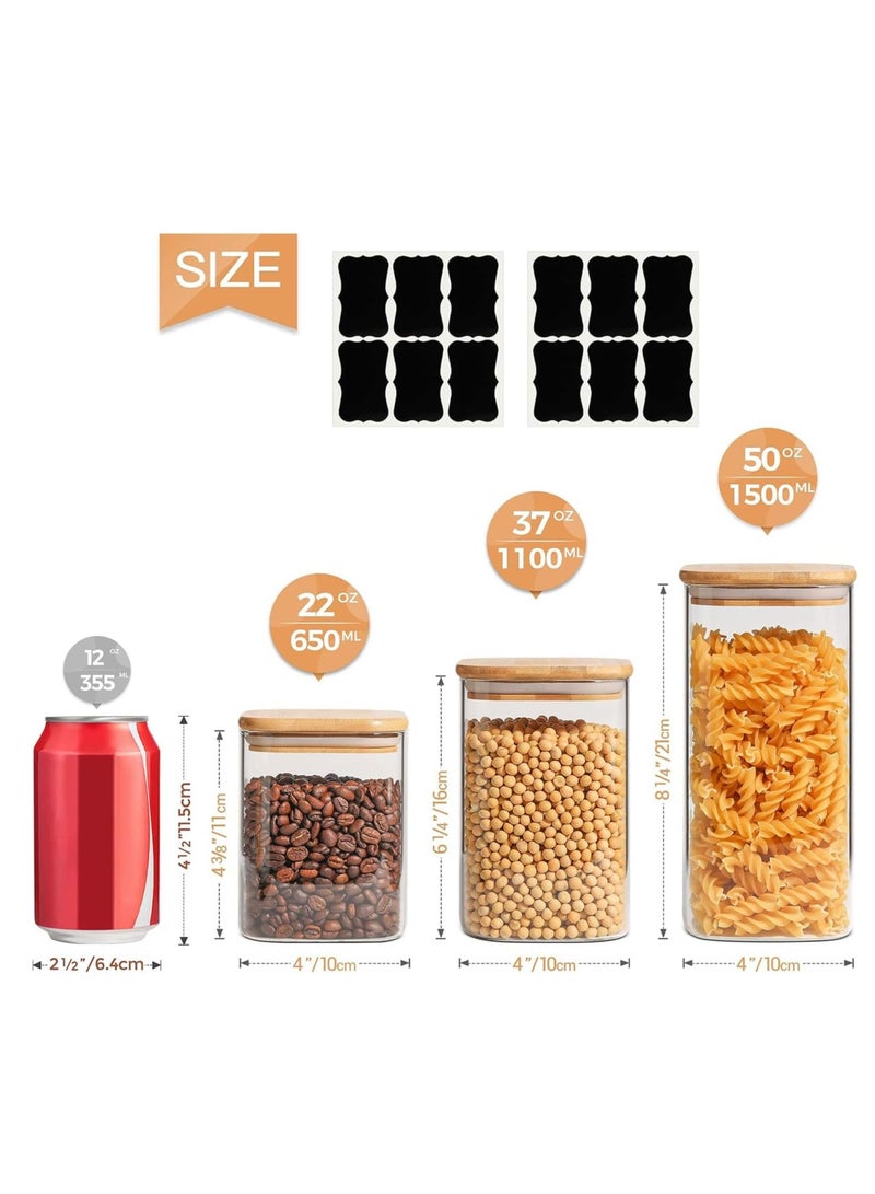 TYCOM Glass Jars Set 750ML,1150ML & 1500ML, Food Storage Containers for Kitchen, Spice jars With Labels, Marker and spoons, Square 10cm Mixed Size 6 Pieces With Wood Lid. - Image 2