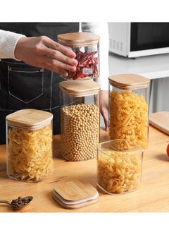 TYCOM Glass Jars Set 750ML,1150ML & 1500ML, Food Storage Containers for Kitchen, Spice jars With Labels, Marker and spoons, Square 10cm Mixed Size 6 Pieces With Wood Lid.  - Image 5