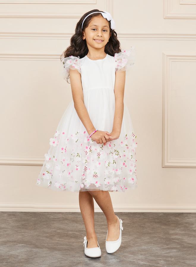Styli Floral Applique Mesh Overlay Ruffle Sleeve A-Line Dress - Image 1