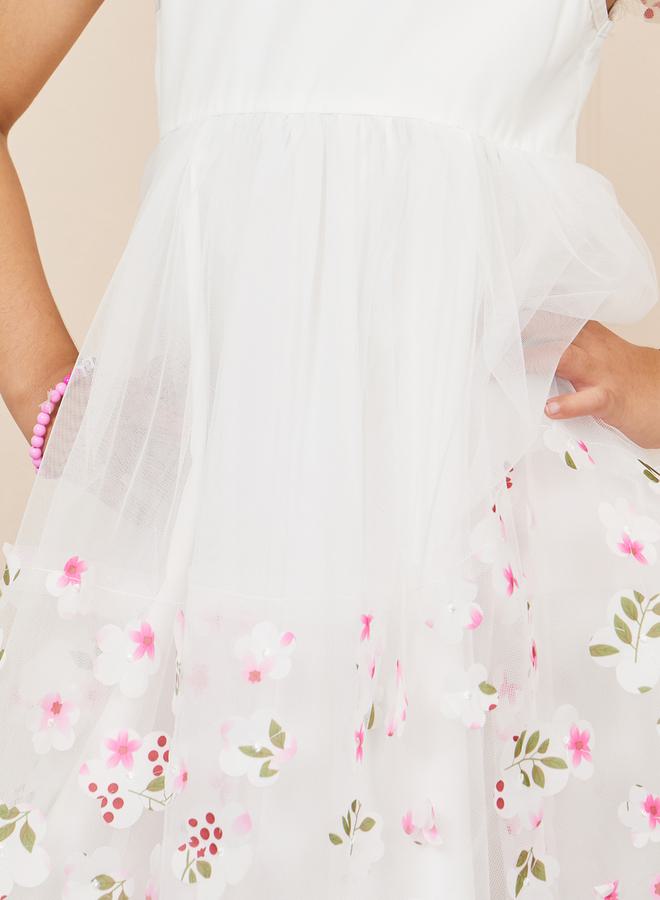 Styli Floral Applique Mesh Overlay Ruffle Sleeve A-Line Dress - Image 3