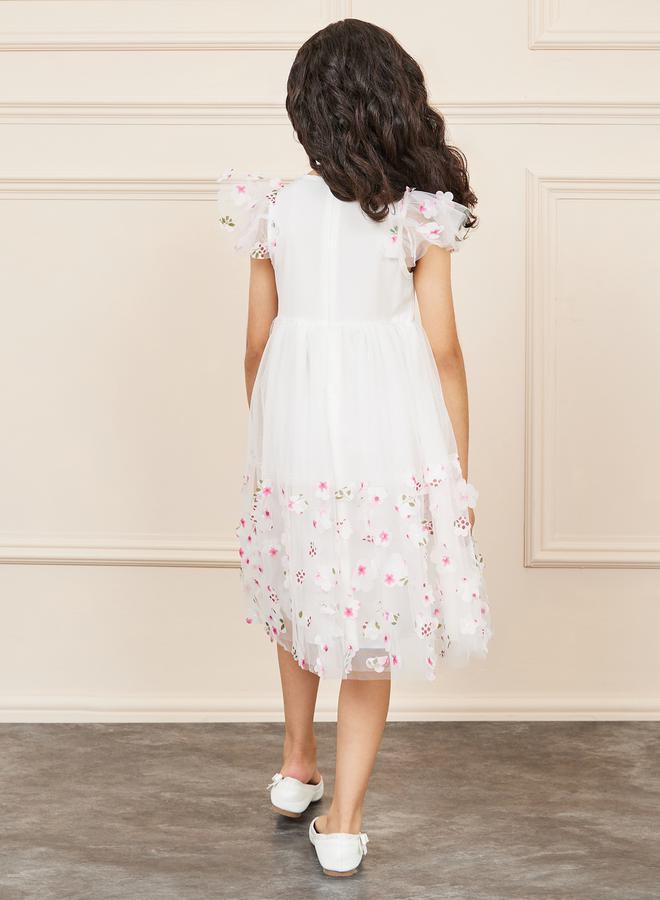 Styli Floral Applique Mesh Overlay Ruffle Sleeve A-Line Dress - Image 4
