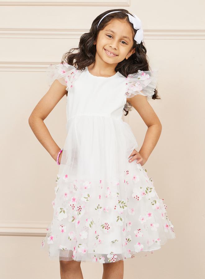 Styli Floral Applique Mesh Overlay Ruffle Sleeve A-Line Dress - Image 2