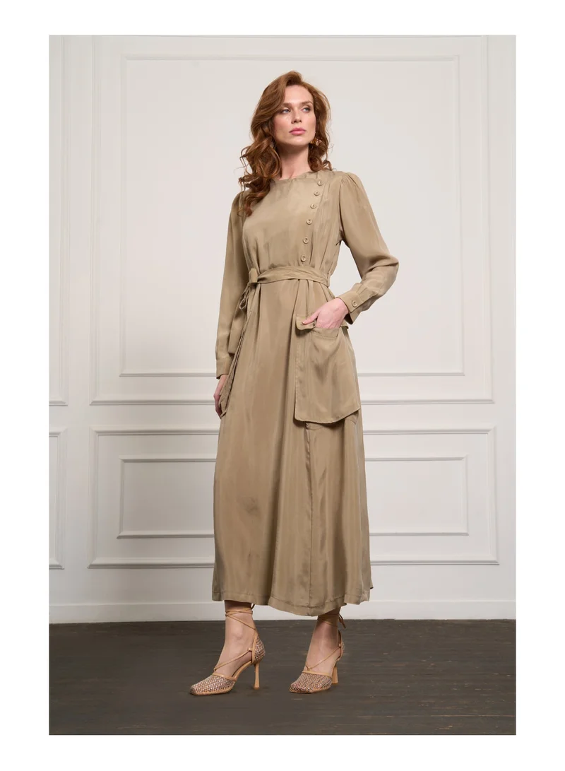 Button-Detail Cupro Dress - Stone