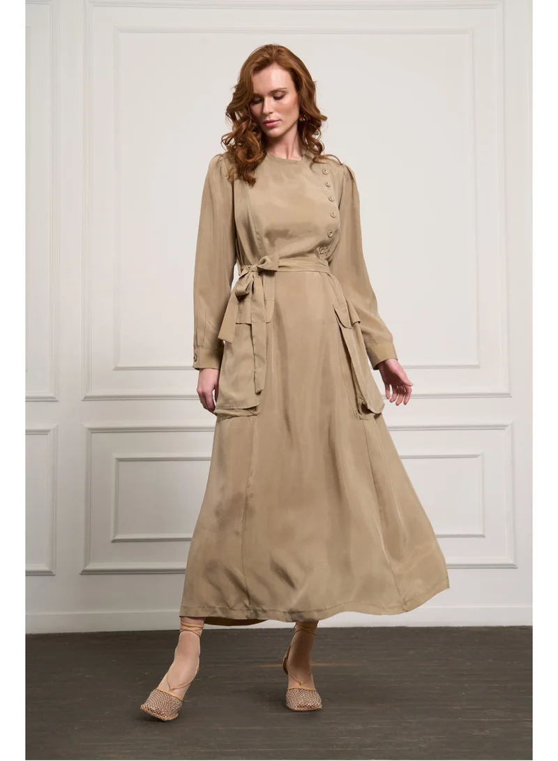 MissWhence  Button-Detail Cupro Dress - Stone for Women | Best Price UAE