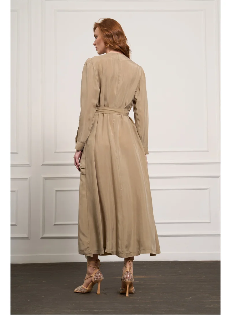 MissWhence  Button-Detail Cupro Dress - Stone for Women | Best Price UAE