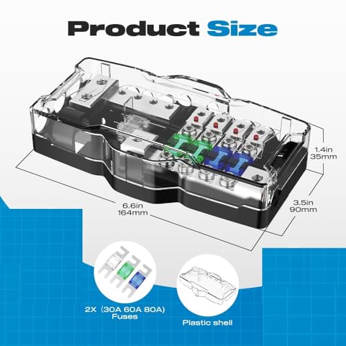 KMH Universal Fuse Power Distribution Block with Ground | 4 Way AWG Gauge Audio Splitter with 60A Mini ANL Fuse Holder | Car Accessories High Strength Safe Audio Boat Auto Stereo Amplifier - Image 2