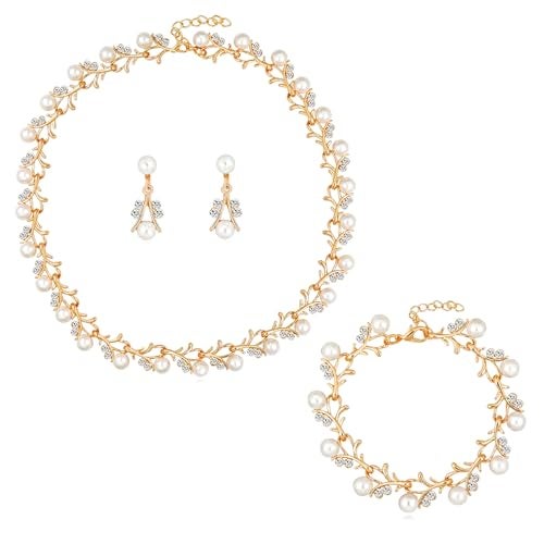 Peora Gold Plated Pearl Studded Necklace Stylish Bracelet and Drop Earring Fashion Jewellery Set for Women - Image 1