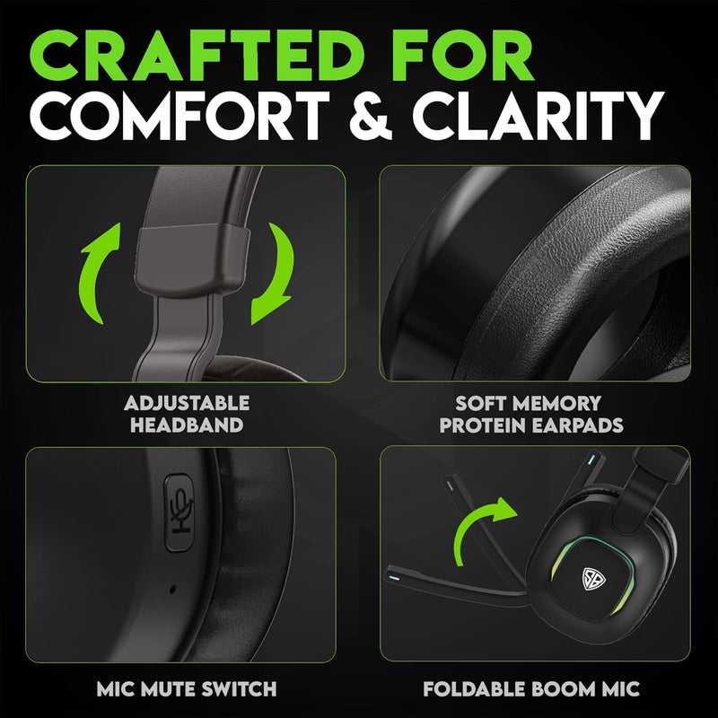 SpinBot سماعات رأس بلوتوث لاسلكية Ranger HX300 فوق الأذن مع تأخير منخفض يصل إلى 50 مللي ثانية وميكروفون قابل للطي | 7 أوضاع أضواء RGB | وضع مخصص للألعاب | تصل إلى 18 ساعة من عمر البطارية (أسود) - Image 5