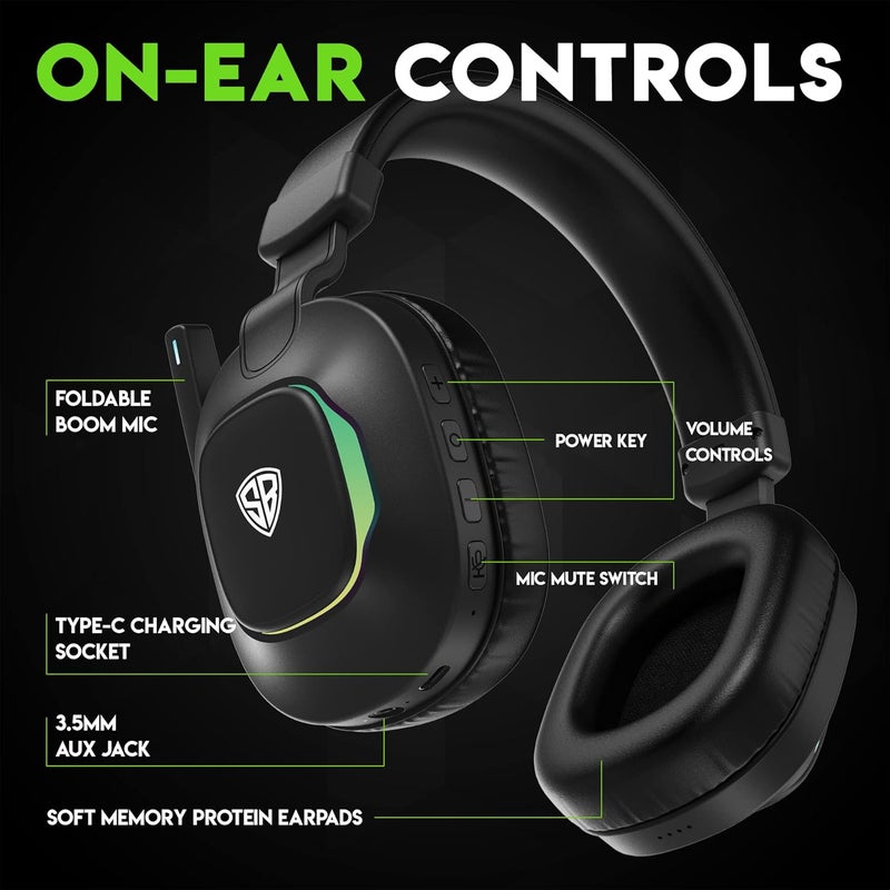 SpinBot سماعات رأس بلوتوث لاسلكية Ranger HX300 فوق الأذن مع تأخير منخفض يصل إلى 50 مللي ثانية وميكروفون قابل للطي | 7 أوضاع أضواء RGB | وضع مخصص للألعاب | تصل إلى 18 ساعة من عمر البطارية (أسود) - Image 3