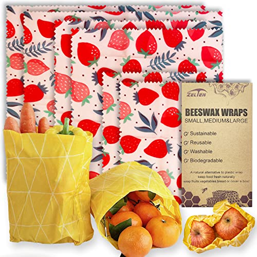 Zelten Beeswax Reusable Food Wraps - (6 Packs, 3 Sizes S,M,L, with 2 Meter Hemp Rope, Two Buttons) Plastic and Silicone Free, Eco-friendly Wrap, Wax Paper for Food,Strawberry - Image 1