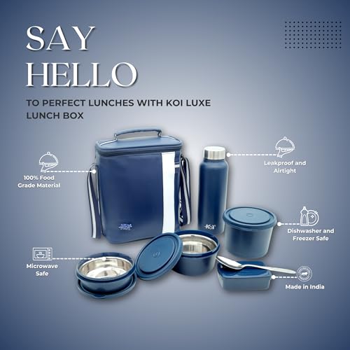 KOI Luxe Lunch Box Set with Insulated Bag Pack of 3 Microwave Safe Steel Containers with BPA-Free Lids (290ml, 450ml, 600ml), Plastic Pickle Box (180ml), and Steel Water Bottle(750ml)-Memphis Brown - Image 2